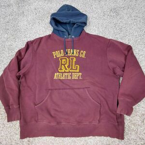 Vintage Polo Jeans Ralph Lauren Hoodie Sweatshirt Mens XL Burgundy Embroidered